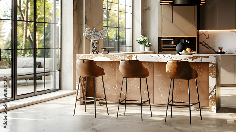 Modern Kitchen Design with Marble Countertop and Bar Stools Modern Kitchen Design with Marble Countertop and Bar Stools