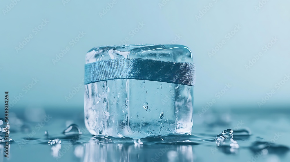 Single ice cube wrapped in a blue ribbon on a blue background. Single ice cube wrapped in a blue ribbon on a blue background.