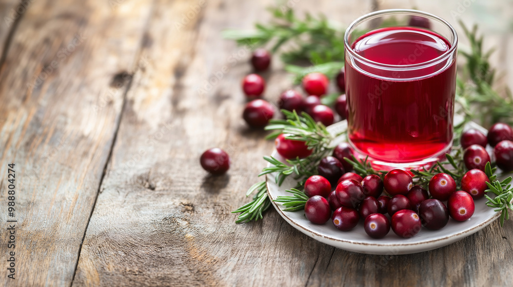 vibrant red cranberries spread across a wooden table, with a glass of fresh cranberry juice next to a white ceramic plate of cranberries, green herbs like rosemary are scattered for contrast vibrant red cranberries spread across a wooden table, with a glass of fresh cranberry juice next to a white ceramic plate of cranberries, green herbs like rosemary are scattered for contrast