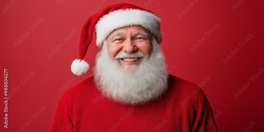 A man in a red Santa hat and beard is smiling. He is wearing a red sweater. The man is smiling and looking at the camera A man in a red Santa hat and beard is smiling. He is wearing a red sweater. The man is smiling and looking at the camera