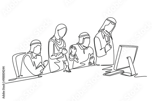 Single one line drawing happy Arabian businessman and woman celebrating success achieve business target. Team worker watching report on monitor. Continuous line draw design graphic vector illustration