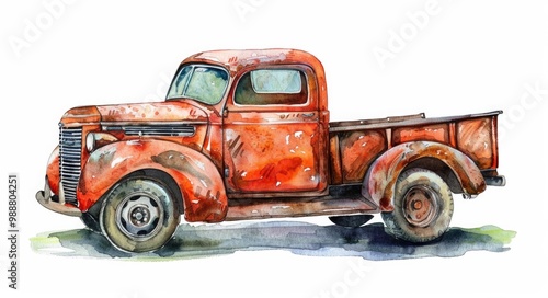 Old Car Drawing. Watercolor Hand Painted Vintage Truck For Thanksgiving, Wedding and Fall Postcards