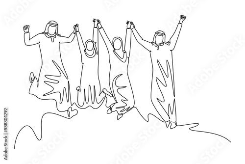 Continuous one line drawing Moslem business people jump together to celebrate increasing company sales target or growth. Group of happy Arab worker. Single line draw design vector graphic illustration