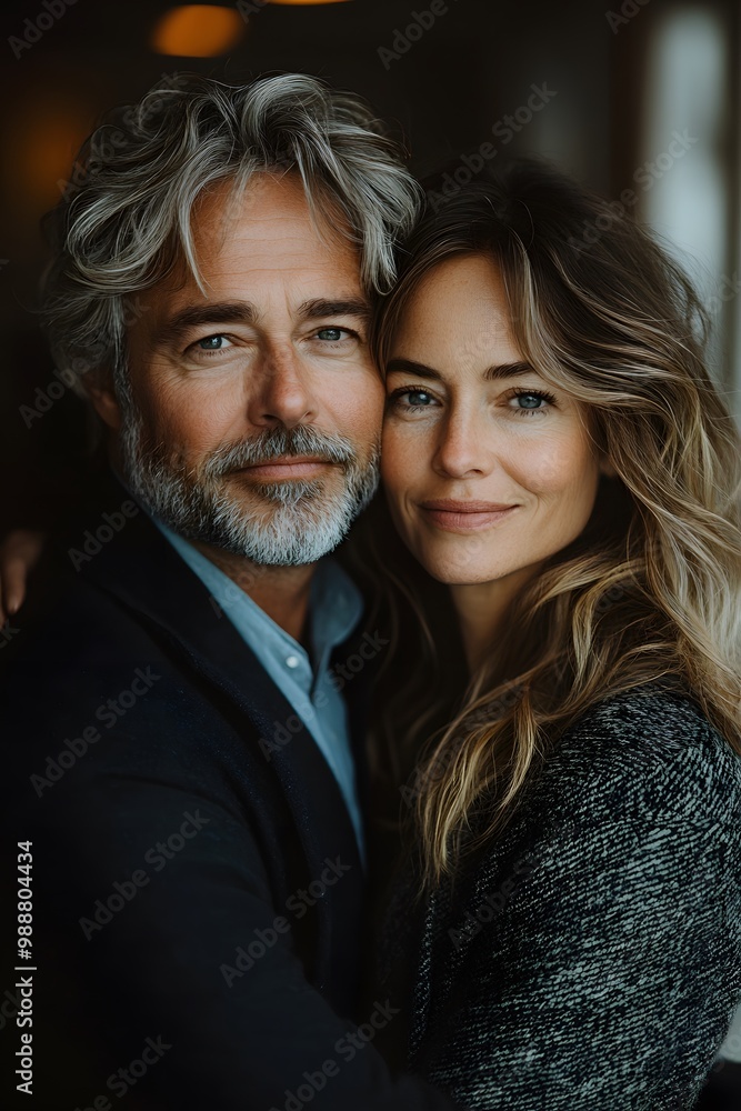 Loving mature wife embracing her husband from behind, both looking at the camera with gentle smiles. The portrait reflects the strength of their long-lasting marriage. Loving mature wife embracing her husband from behind, both looking at the camera with gentle smiles. The portrait reflects the strength of their long-lasting marriage.
