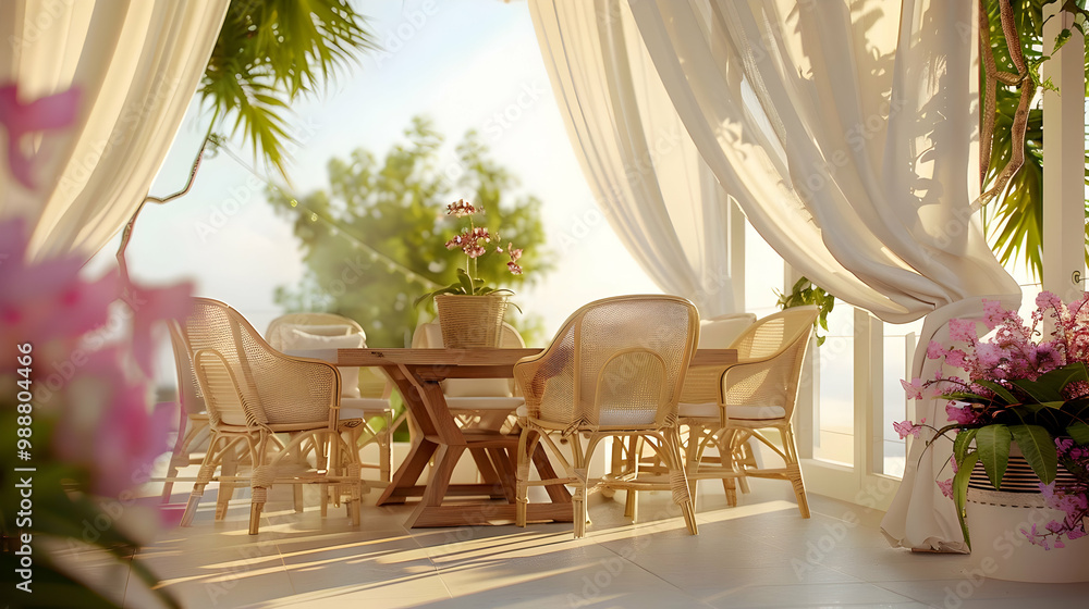 Fototapeta premium Tropical Patio Dining: Relaxing Outdoor Space with Wicker Chairs and Sunlight