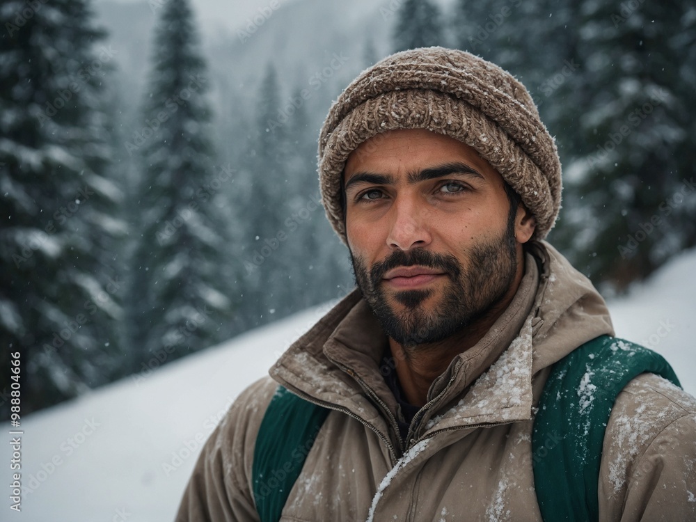 Middle-aged Caucasian man with beard wearing brown knit hat and green winter jacket, standing in snowy forest with pine trees in background Middle-aged Caucasian man with beard wearing brown knit hat and green winter jacket, standing in snowy forest with pine trees in background
