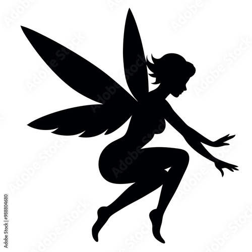 a black silhouette of a fairy. The fairy is in a crouching position, with her body facing towards the left side of the vector art illustration