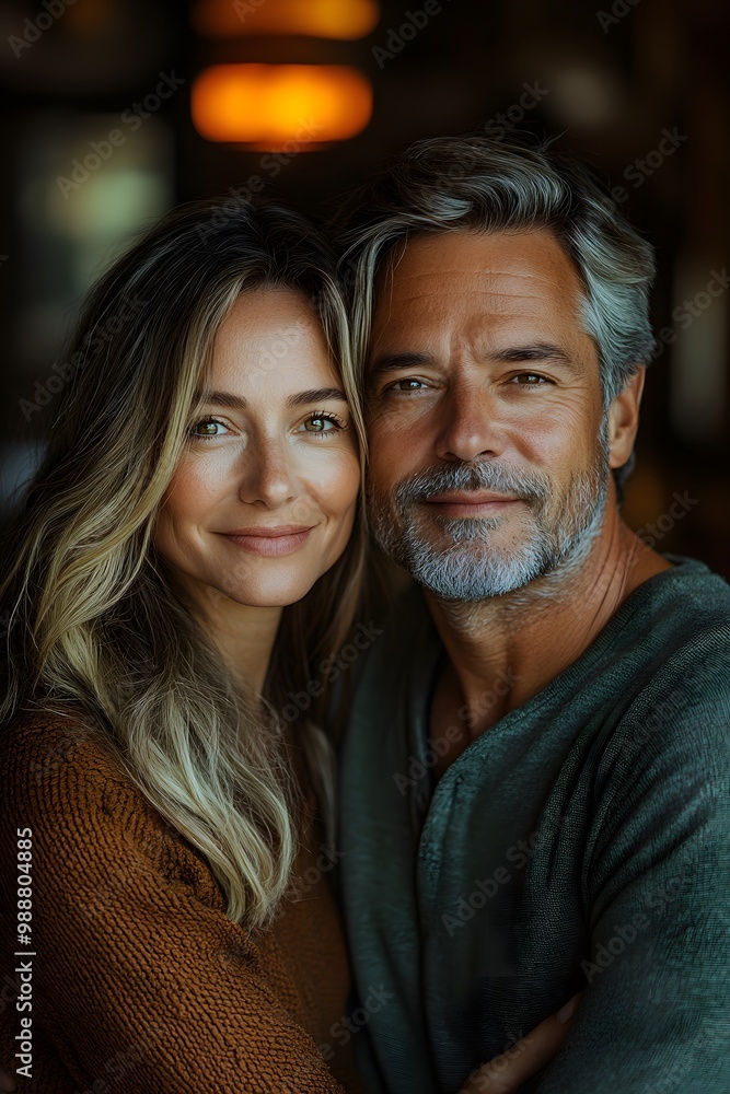 Portrait of a loving mature couple, wife embracing her husband from behind, both looking at the camera with smiles. Their closeness and strong marriage are evident. Portrait of a loving mature couple, wife embracing her husband from behind, both looking at the camera with smiles. Their closeness and strong marriage are evident.