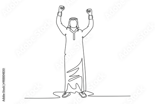Continuous one line drawing Arabic businessman standing and raising hands or arms. Successful guy. Career goal. Victory sign or symbol. Winner pose. Single line draw design vector graphic illustration
