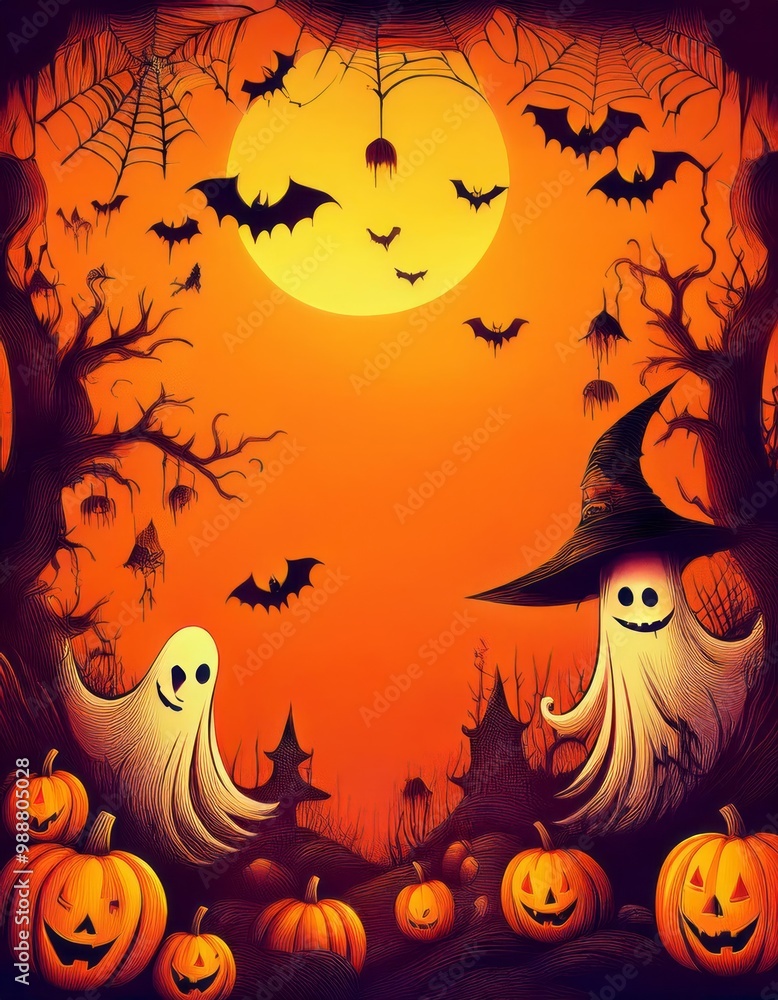 Creepy and weird elements with bright colors and a sense of joy and creativity, Halloween background pattern, ghosts, pumpkins, spider webs, witch hats, bright orange color Creepy and weird elements with bright colors and a sense of joy and creativity, Halloween background pattern, ghosts, pumpkins, spider webs, witch hats, bright orange color