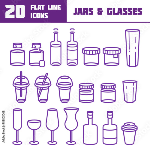 20 Flat line icons on the theme of jars and glasses