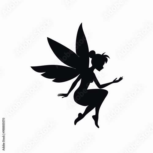 a black silhouette of a fairy. The fairy is in a crouching position, with her body facing towards the left side of the vector art illustration