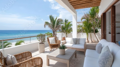 Luxury beach house with a rooftop terrace, offering panoramic views of the sparkling ocean   beachfront luxury, rooftop view photo