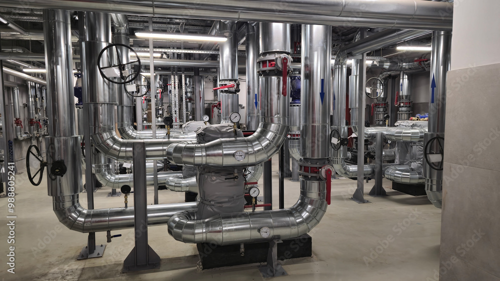 Heating point in basement of building. Pipes and water pressure and temperature sensors, building communications Heating point in basement of building. Pipes and water pressure and temperature sensors, building communications
