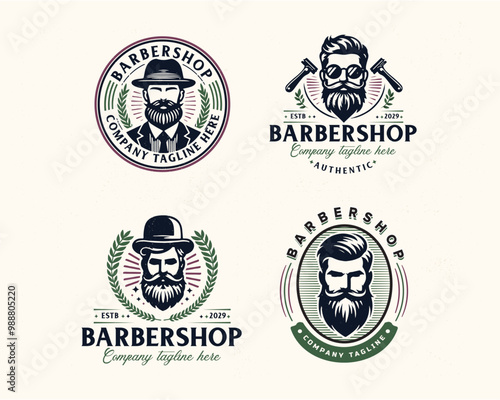 Set bundle vintage barbershop gentleman beard and mustache logo for business company