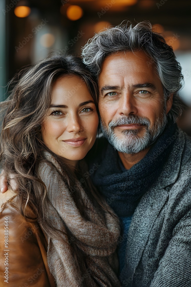 Loving mature wife standing behind her husband, gently cuddling him, both smiling at the camera. The portrait highlights the closeness and strength of their bond. Loving mature wife standing behind her husband, gently cuddling him, both smiling at the camera. The portrait highlights the closeness and strength of their bond.