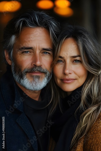 Portrait of a senior couple, wife embracing her husband from behind, both gazing lovingly at the camera. The warmth and strength of their marriage are clear.