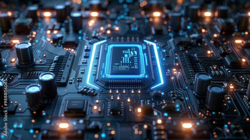 Obraz premium High-Tech Futuristic Background with Glowing Circuit Board and Microchip Elements