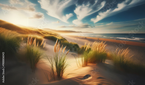 Golden sand dunes are dotted with tall, feathery grasses.  