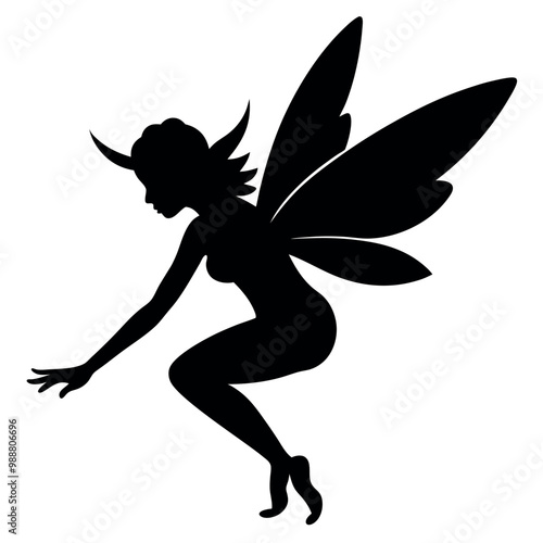 a black silhouette of a fairy. The fairy is in a crouching position, with her body facing towards the left side of the vector art illustration