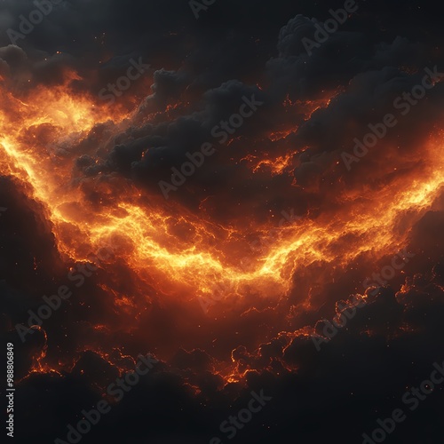 Dark storm clouds on a black background with glowing orange edges, fiery atmosphere, Clouds, Fire