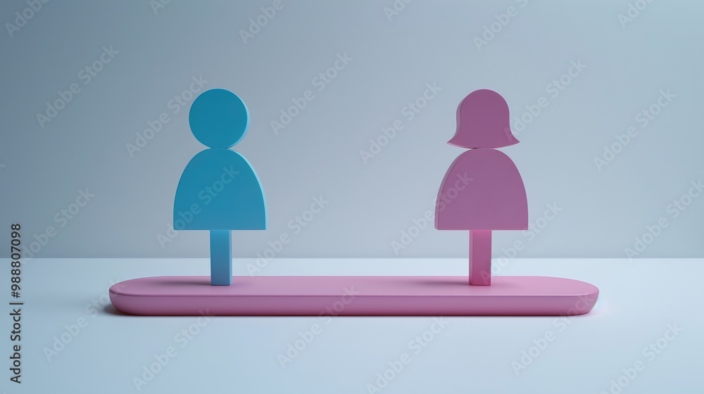 3d illustration of Male icon in blue color and a female icon in pink color in a balance showing gender equality between man and woman