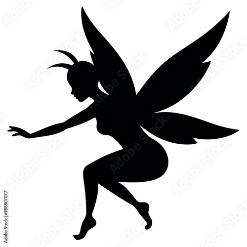 a black silhouette of a fairy. The fairy is in a crouching position, with her body facing towards the left side of the vector art illustration