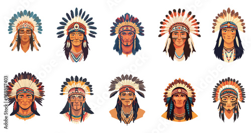 Portrait set of an American Indian in a traditional headdress with feathers and with a painted face. Front view. Warrior men tribal chief shaman. Cartoon style isolated vector clipart collection