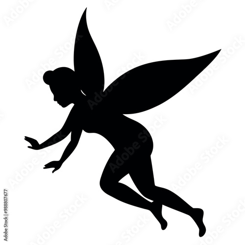 a black silhouette of a fairy. The fairy is in a crouching position, with her body facing towards the left side of the vector art illustration