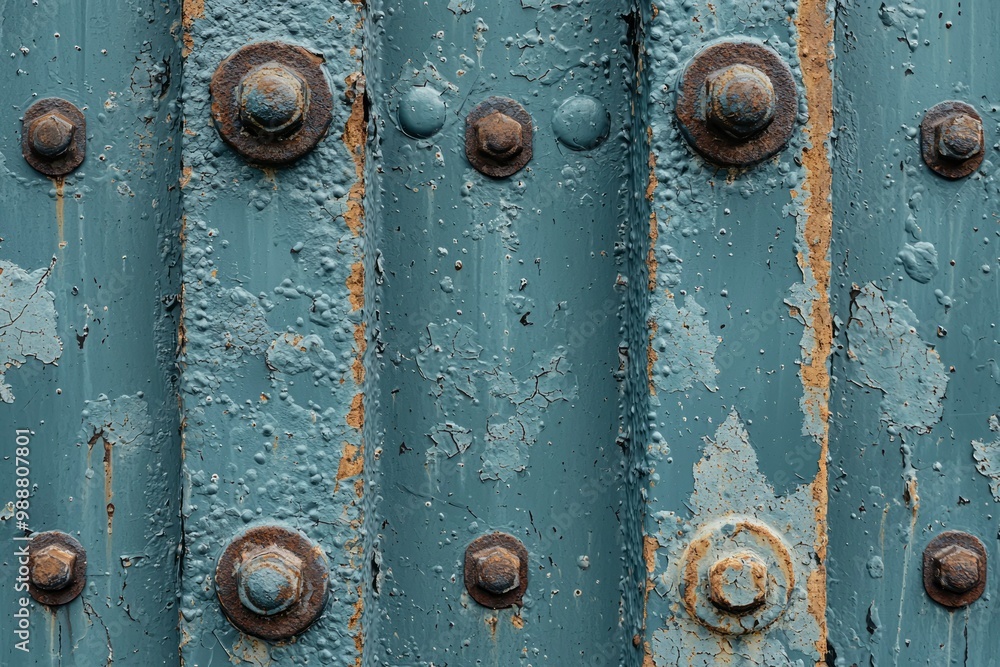 Fototapeta premium Close-up of Rusted Metal with Peeling Blue Paint and Bolts