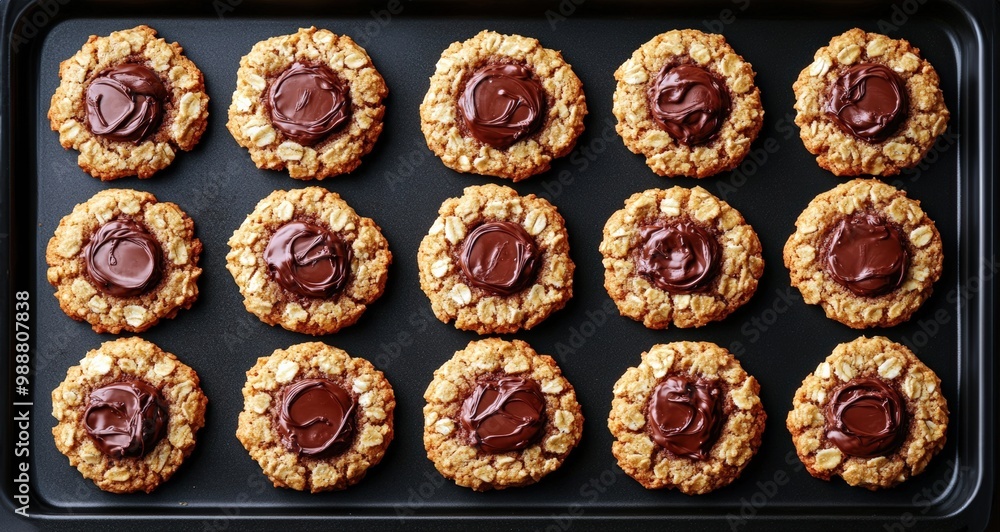 oatmeal cookies with chocolate filling. dark background, copy space oatmeal cookies with chocolate filling. dark background, copy space