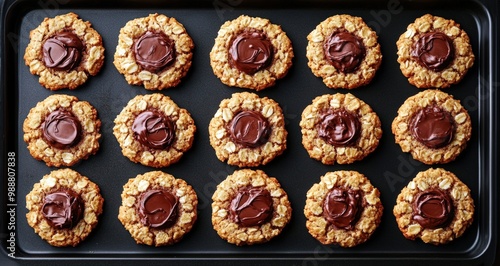 oatmeal cookies with chocolate filling. dark background, copy space