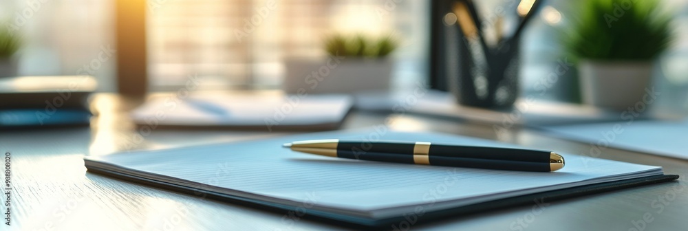 Notepad and pen on a desk, marketing materials in the background, workspace scene, creative brainstorming atmosphere, organized chaos Notepad and pen on a desk, marketing materials in the background, workspace scene, creative brainstorming atmosphere, organized chaos