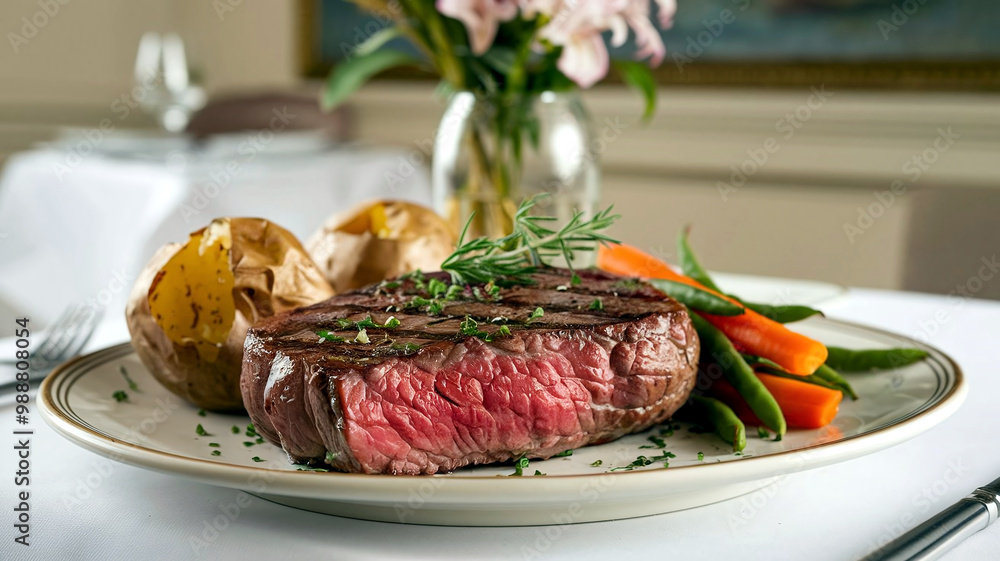 A gourmet plate featuring juicy medium-rare grilled Kobe beef steak with herbs and baked potatoes, set against a soft restaurant background, perfect for food and dining visuals. A gourmet plate featuring juicy medium-rare grilled Kobe beef steak with herbs and baked potatoes, set against a soft restaurant background, perfect for food and dining visuals.