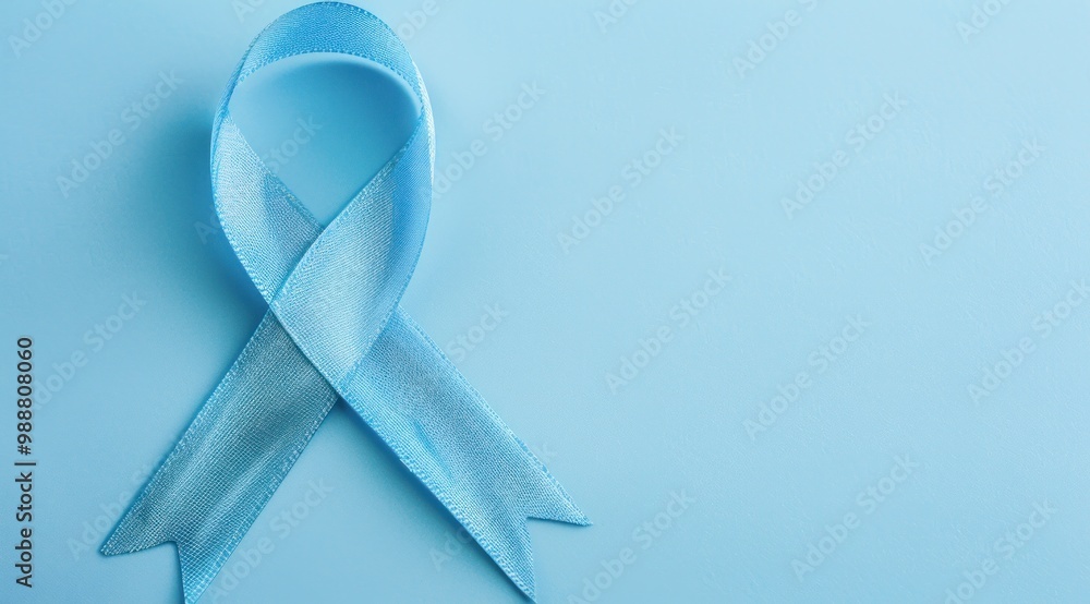 A blue ribbon on a light blue background symbolizing cancer awareness, with space for copy. men health month A blue ribbon on a light blue background symbolizing cancer awareness, with space for copy. men health month
