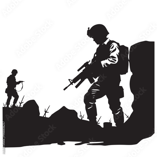 Soldier with assault rifle silhouette on white background, vector illustration. Army forces.