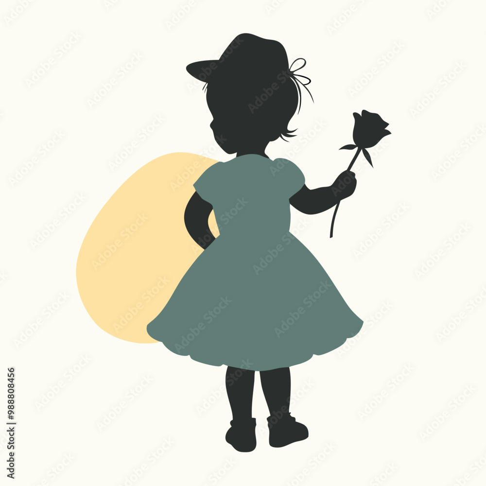 a black silhouette of a little girl holding a rose. isolated white background a black silhouette of a little girl holding a rose. isolated white background