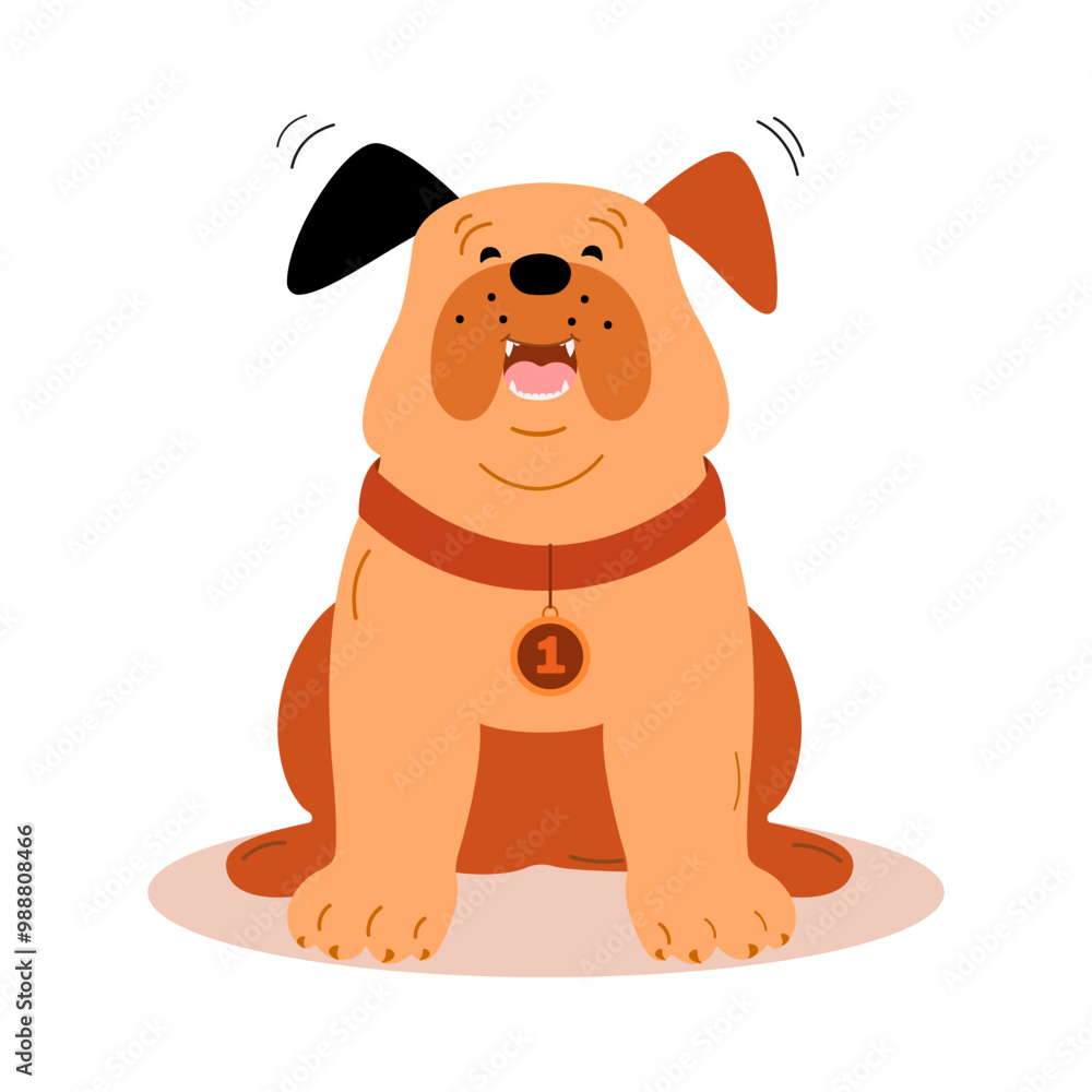 Fototapeta premium Cute laughing joyful cartoon dog bulldog with a medal on his chest. Vector illustration in a flat style. The emotional expression of a pet. 