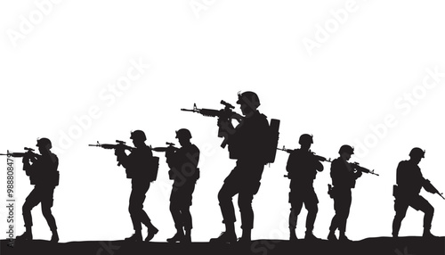 Soldier with assault rifle silhouette on white background, vector illustration. Army forces.