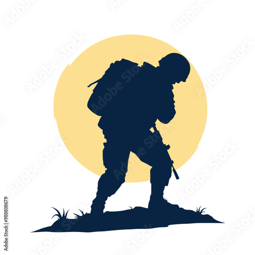 Soldier with assault rifle silhouette on white background, vector illustration. Army forces.