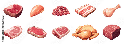 Raw meat products set. Full raw parts piece. Chicken breast fillet pork ham minced meat turkey leg bacon beef steak. Natural farm animal origin food. Butcher shop. Cartoon style isolated vector