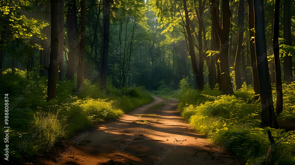Sun Dappled Path Through a Lush Green Forest Sun Dappled Path Through a Lush Green Forest