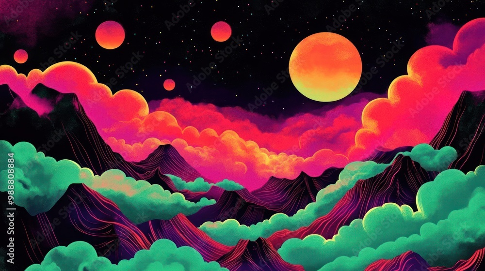 A vibrant, surreal landscape featuring colorful mountains, clouds, and celestial bodies. A vibrant, surreal landscape featuring colorful mountains, clouds, and celestial bodies.