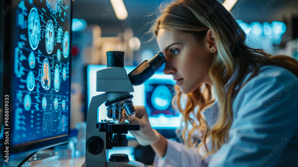 Young woman analyzing human brain microscope slide under microscope while sitting with scientists in background at laboratory Young woman analyzing human brain microscope slide under microscope while sitting with scientists in background at laboratory