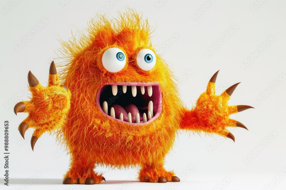 Orange fluffy cartoon character monster isolated on white background. Monster, funny mascot. Generative AI 3d render illustration imitation. Orange fluffy cartoon character monster isolated on white background. Monster, funny mascot. Generative AI 3d render illustration imitation.