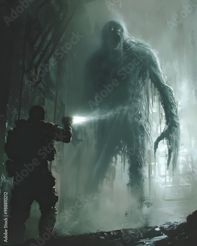 In the darkness, a man shines his flashlight on a giant monster. This scene could be from a fictional character in an actionadventure game, art, entertainment, fiction, or an action film photo