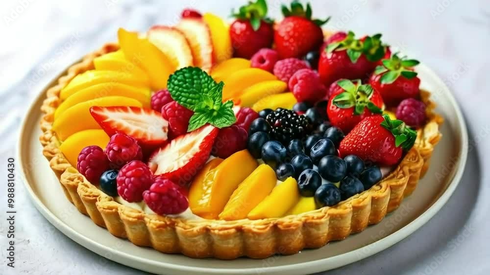 A Delicious Fruit Tart with Fresh Peaches, Strawberries, Raspberries, Blackberries, and Blueberries A Delicious Fruit Tart with Fresh Peaches, Strawberries, Raspberries, Blackberries, and Blueberries