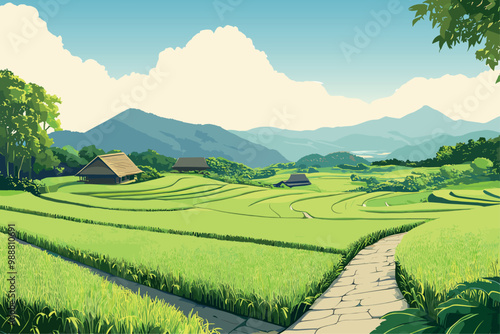 Rice plantation landscape. Countryside asian village houses green rice fields blue sky terrain, bushes mountain in the background. Farming land. Nature and agriculture concept. Cartoon style vector