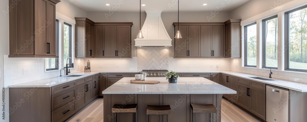 Spacious kitchen with chocolate-toned cabinetry, marble countertops, and warm lighting for a cozy, elegant vibe elegant kitchen, warm tones Spacious kitchen with chocolate-toned cabinetry, marble countertops, and warm lighting for a cozy, elegant vibe elegant kitchen, warm tones