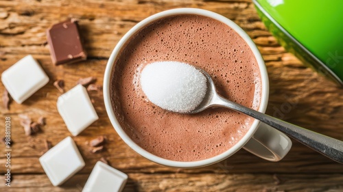 Spoonful of erythritol being added to a cup of hot chocolate, symbolizing low-calorie sweetness   erythritol, low-calorie sweetener photo